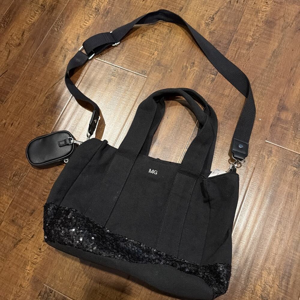 Madden Girl Medium Black Sequin Tote W/ iPod Holder And Detachable Strap
